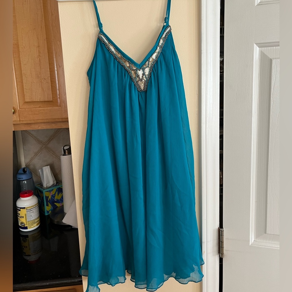 Fun sequin and beaded flowy blue mini dress